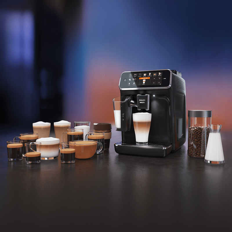 Imagem frontal da Máquina de café expresso Philips Walita  LatteGo 5400 com algumas bebidas ao lado, sendo a melhor das Melhores Máquinas de Café Expresso Philips