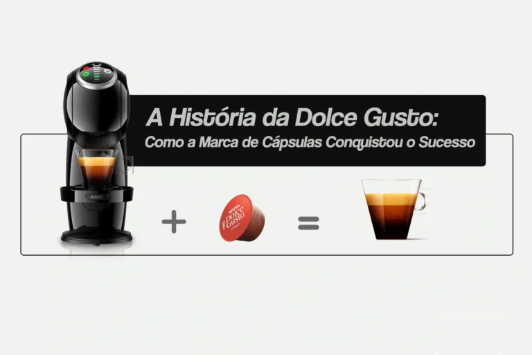 Imagem de capa com o texto "A História da Dolce Gusto: Como a Marca de Cápsulas Conquistou o Sucesso". Para ilustrar, coloquei a Genio S Plus da Dolce Gusto + cápsula sabor lungo e o sinal de igual seguida de uma xícara de café pronto.